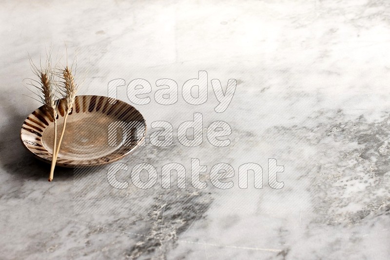 Wheat stalks on Multicolored Pottery Plate on grey marble flooring, 45 degree angle