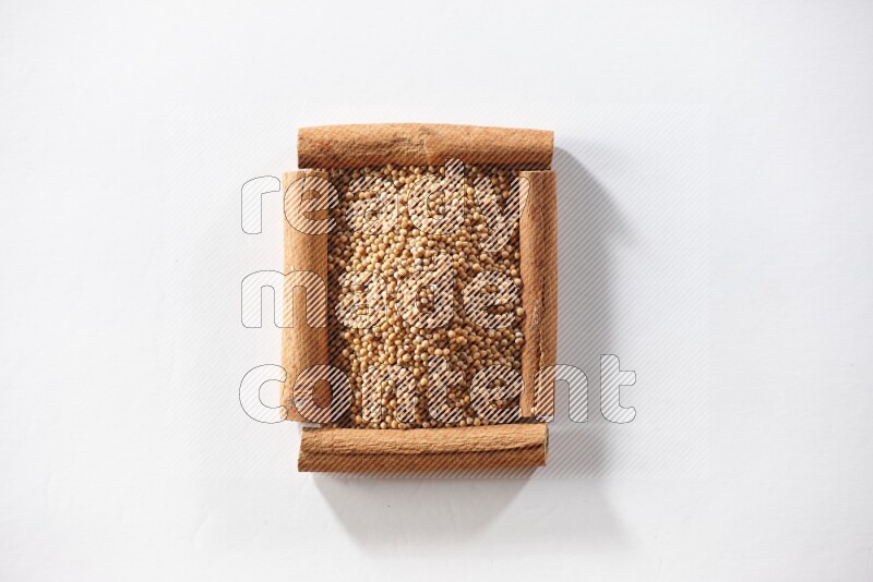 A single square of cinnamon sticks full of mustard seeds on white flooring