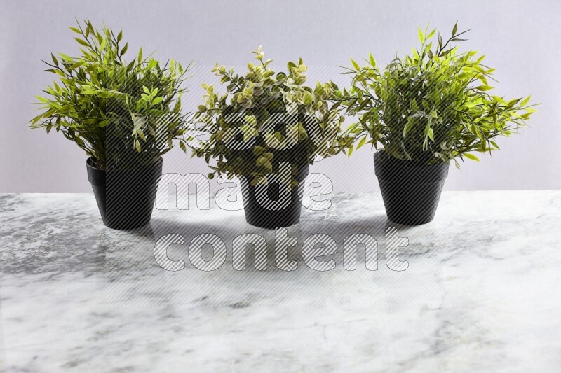 Multiple artificial plants in black pot on grey marble background