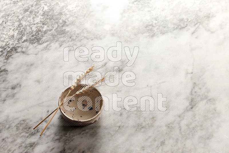 Wheat stalks on Multicolored Pottery Bowl on grey marble flooring, 45 degree angle