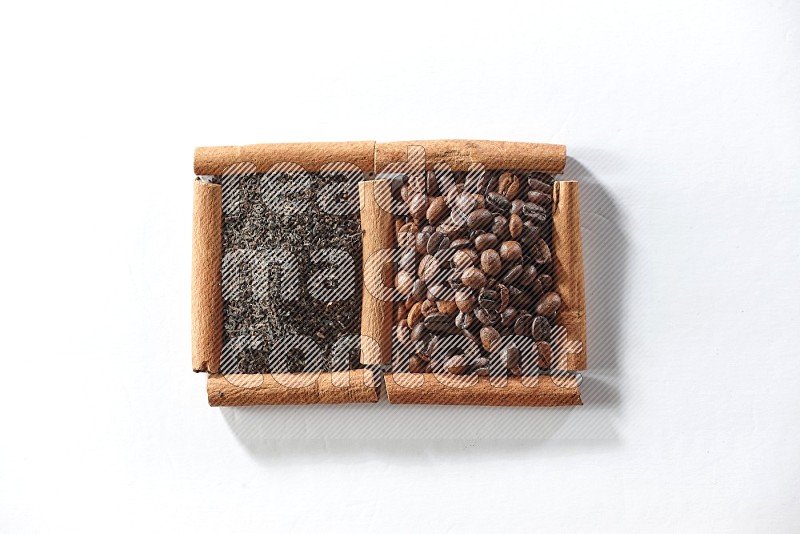 2 squares of cinnamon sticks full of coffee beans and black tea on white flooring