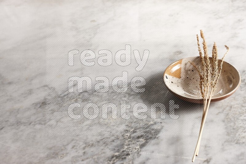 Wheat stalks on multicolored pottery plate on grey marble background