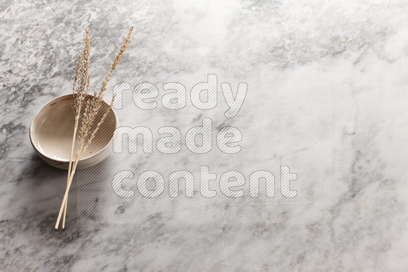 Wheat stalks on Beige Pottery Bowl on grey marble flooring, 45 degree angel