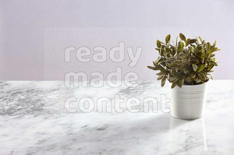 Green artificial plant in white pot on light grey marble background