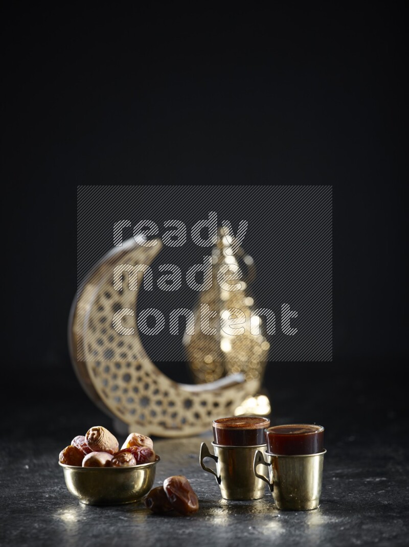 Dates with hot drinks and golden lanterns in a dark setup