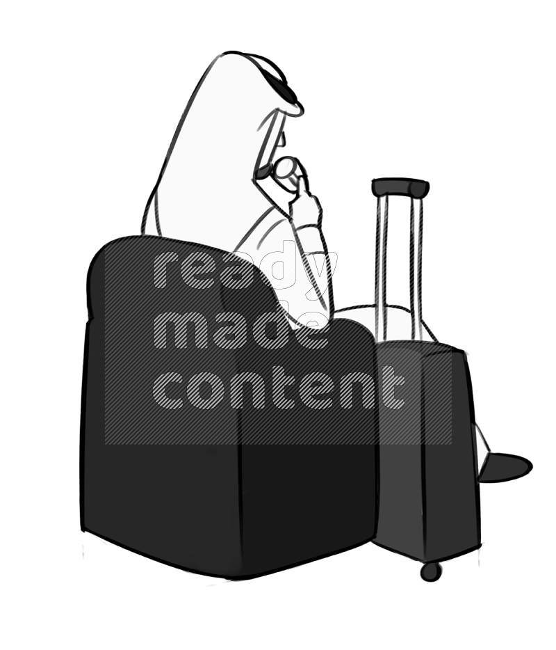 Saudi man drinking setting on an armchair by cabin suitcase different angles eye level