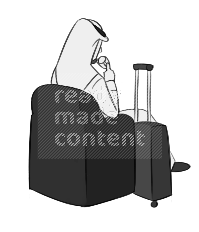Saudi man drinking setting on an armchair by cabin suitcase different angles eye level