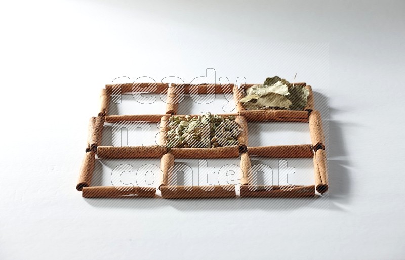 9 squares of cinnamon sticks full of cardamom in the middle surrounded by nutmeg, cinnamon, bay laurel leaves, cloves, cumin, dried ginger, dried basil and star anise on white flooring