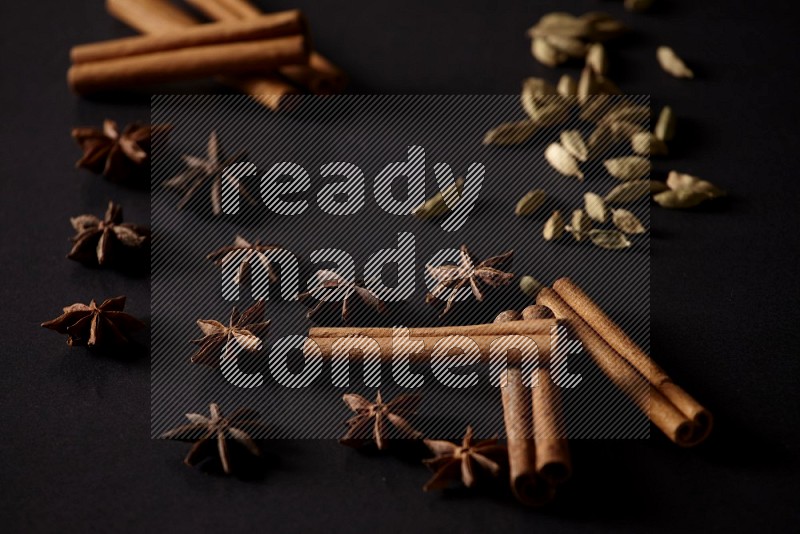 Cinnamon Sticks, Cardamom and star anise on a black background