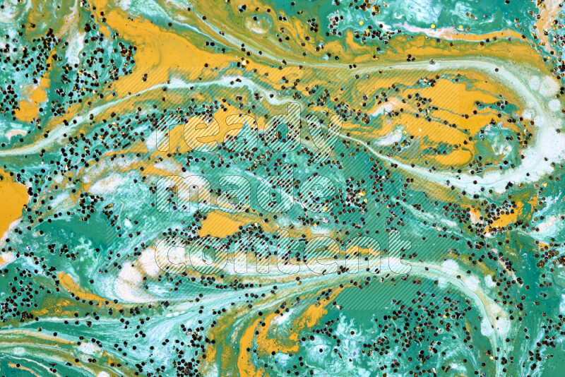 Abstract colorful background with mixed of green, white and gold paint colors with scattered gold glitter