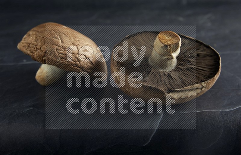 45 degre portobello mushrooms on a textured black slate background