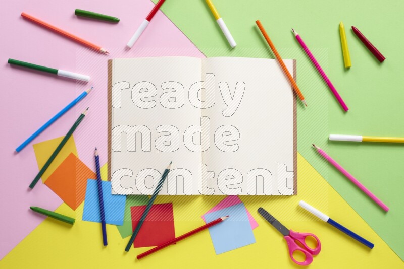 Different school supplies on multicolored background