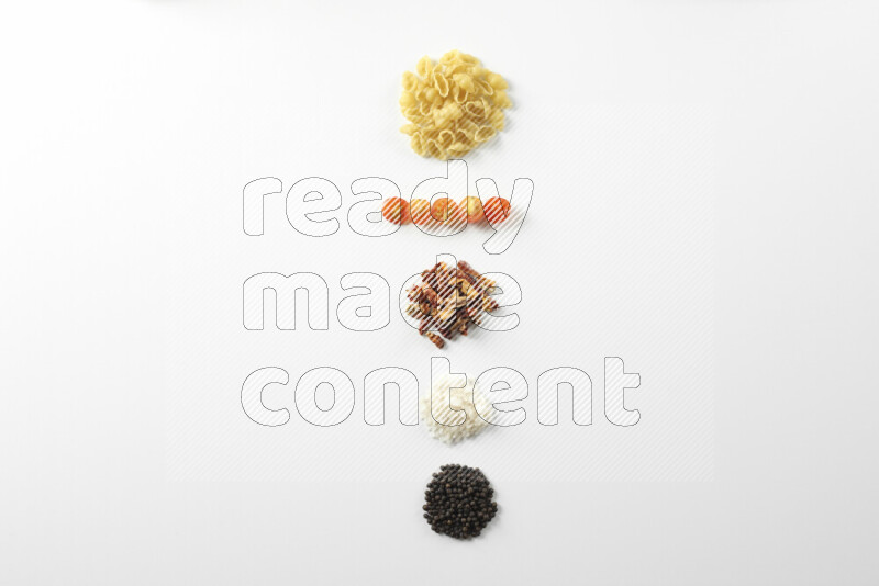Red sauce pasta recipes ingredients on white background