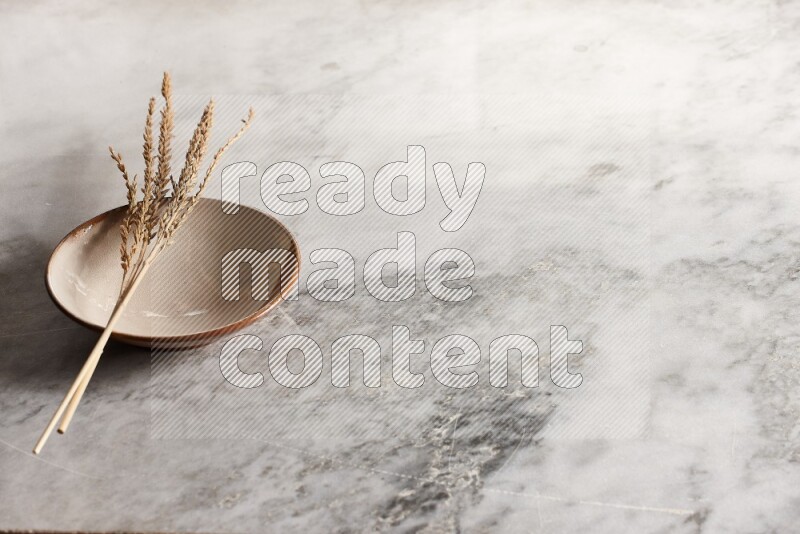 Wheat stalks on multicolored pottery plate on grey marble background
