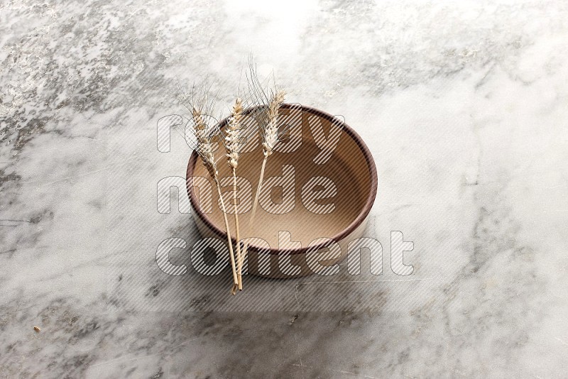 Wheat stalks on Beige Pottery Oven Bowl Plate on grey marble flooring, 45 degree angle