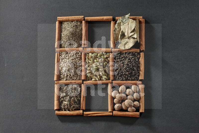 9 squares of cinnamon sticks full of cardamom in the middle surrounded by nutmeg, black pepper, bay laurel leaves, allspice, cumin, white pepper, dried basil and salt on black flooring