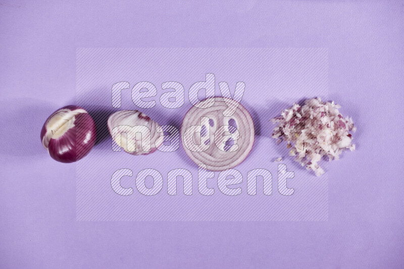 A close-up shot of red onions displayed in different forms including whole, halved, sliced into rings, and finely chopped on purple background