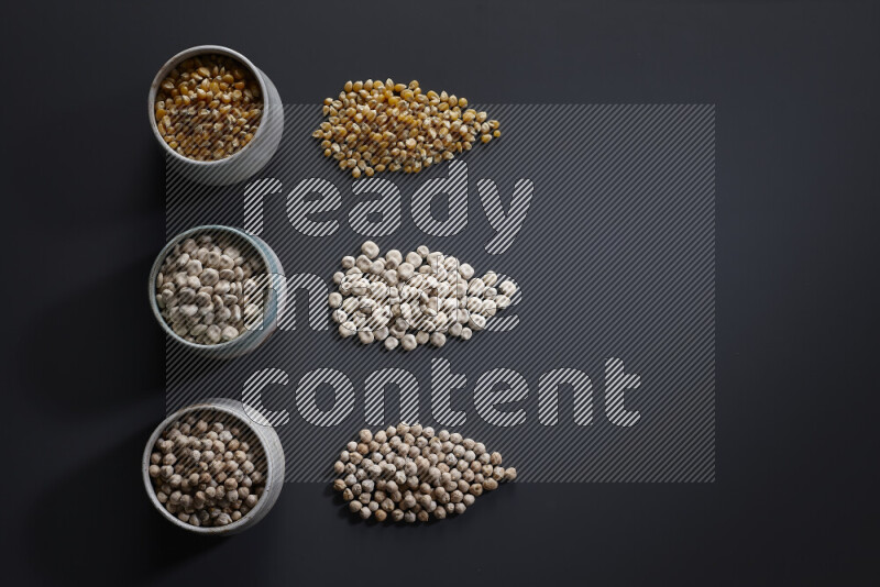 Legumes in pottery bowls on grey background