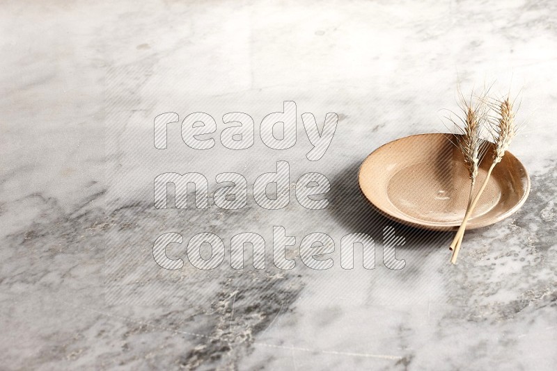 Wheat stalks on Beige Pottery Plate on grey marble flooring, 45 degree angel