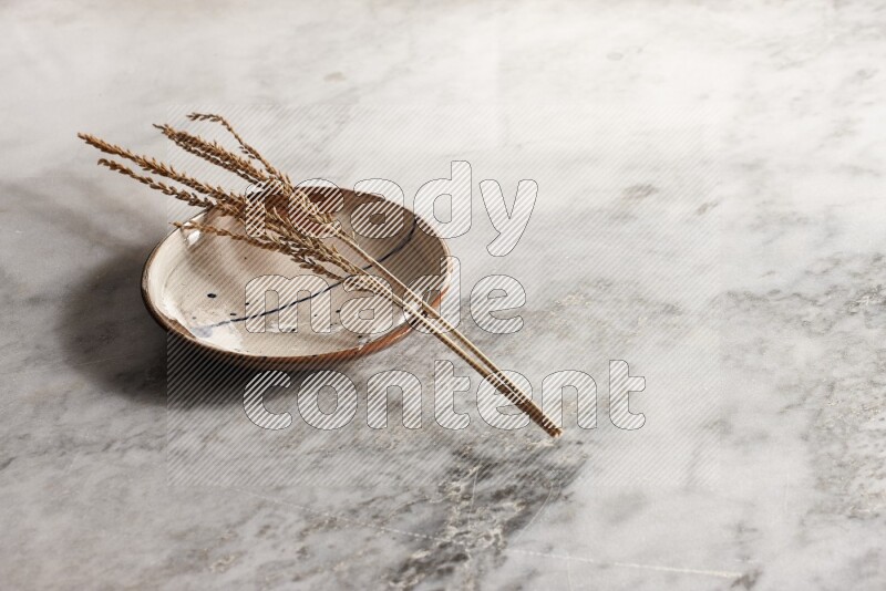 Wheat stalks on multicolored pottery plate on grey marble background