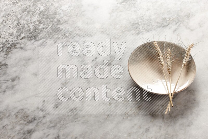 Wheat stalks on multicolored pottery plate on grey marble background
