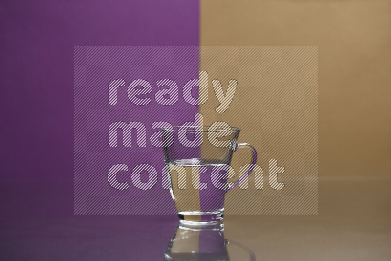 The image features a clear glassware filled with water, set against purple and beige background