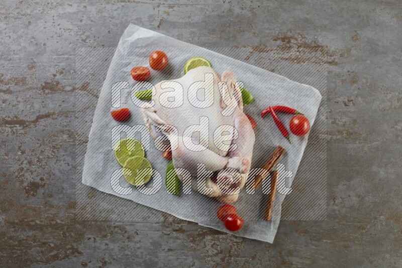 whole raw chicken on a parchment paper direct on a rustic grey background