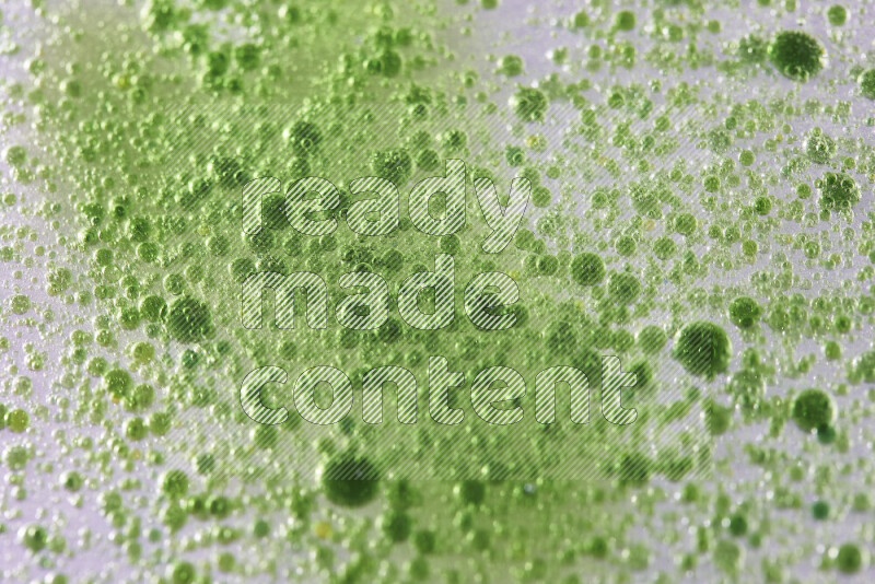 Close-ups of abstract green watercolor drops on oil Surface on white background