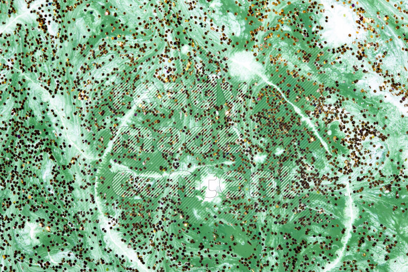 Abstract colorful background with mixed of green and white paint colors with scattered gold glitter
