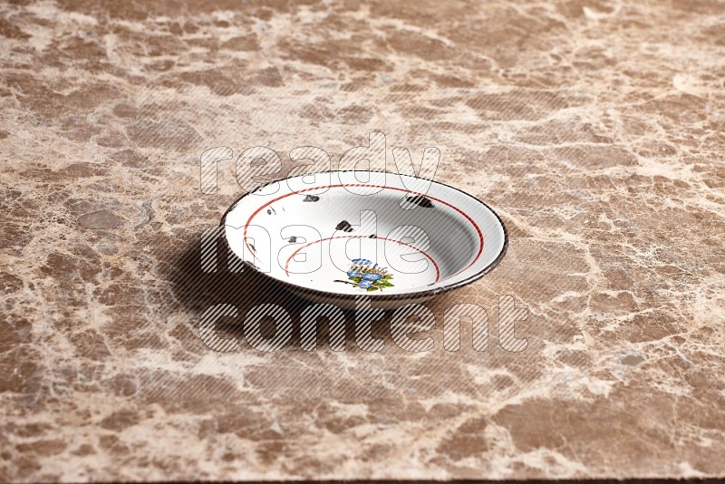 Vintage Metal Plate on Beige Marble Flooring, 45 degrees