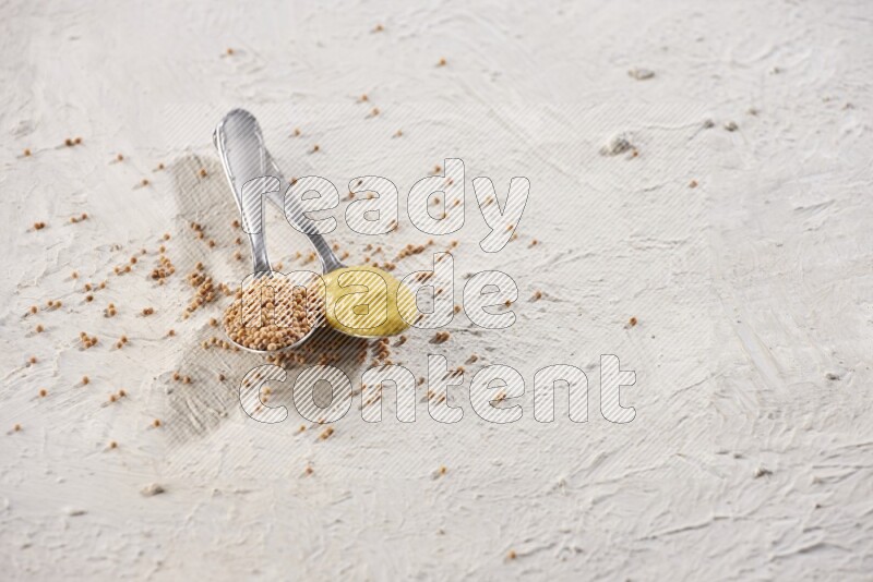 Two metal spoons, one filled with mustard seeds and the other with mustard paste on white background