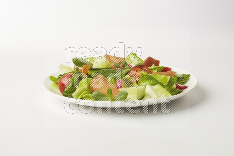 fattoush salad in a white plate direct on a white background