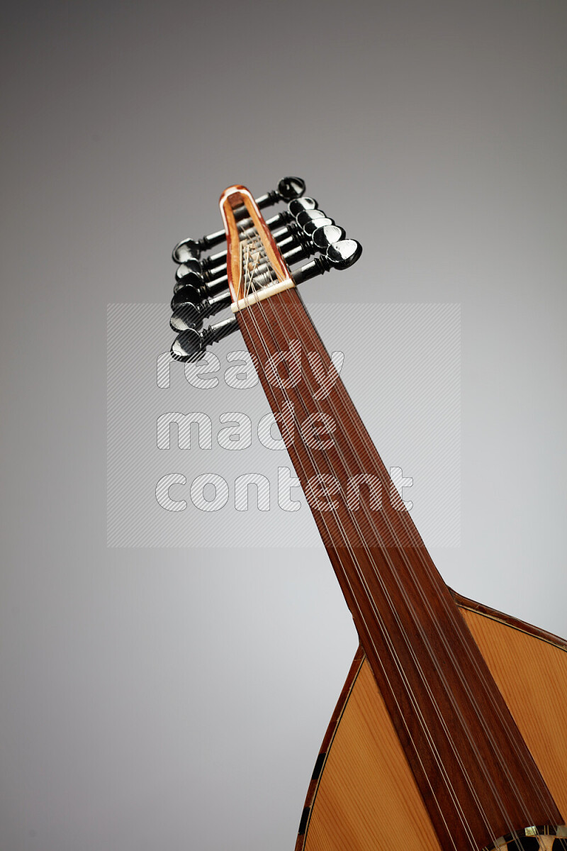 parts of a brown wooden Oud in a gray background