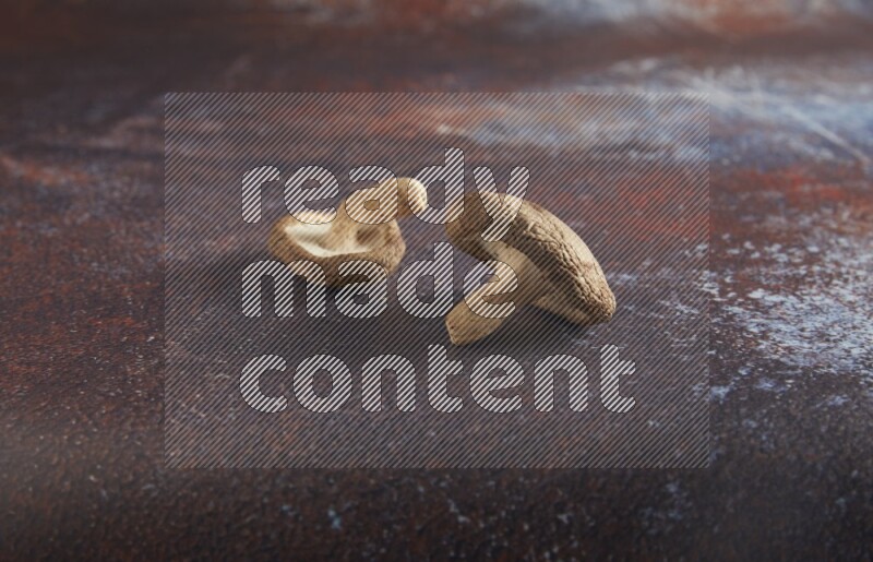 45 degre shiitake mushrooms on a textured reddish rustic metal background