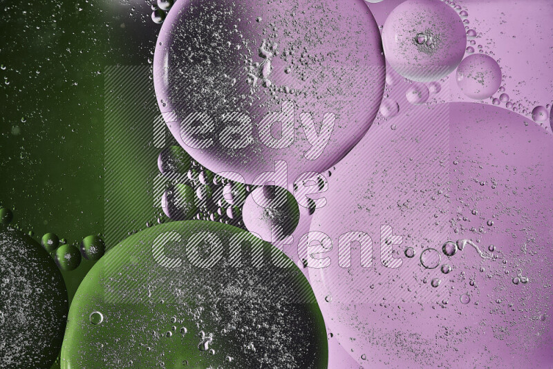 Close-ups of abstract oil bubbles on water surface in shades of purple, green and white