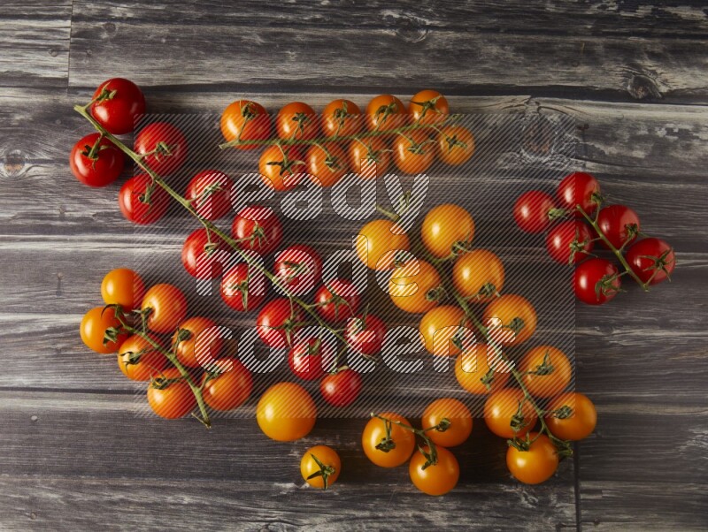 Mixed colors of cherry tomato veins topview on textured vinyl backgrounds