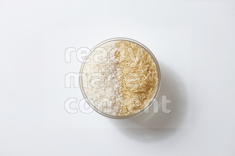 White rice with golden rice on white background