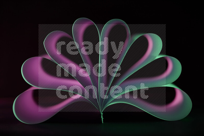 An abstract art piece displaying smooth curves in pink and green gradients created by colored light