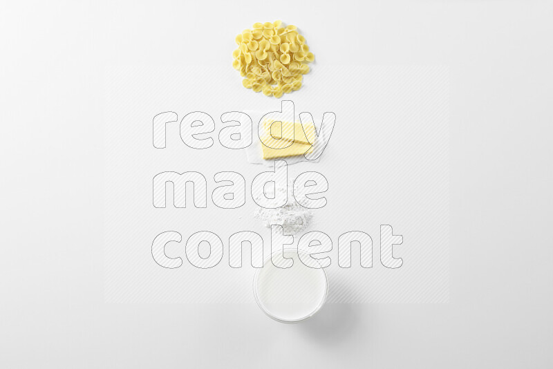 White sauce pasta recipes ingredients on white background