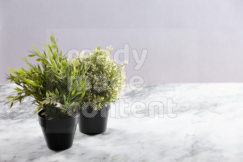 Two different green artificial plants in black pot on grey marble background