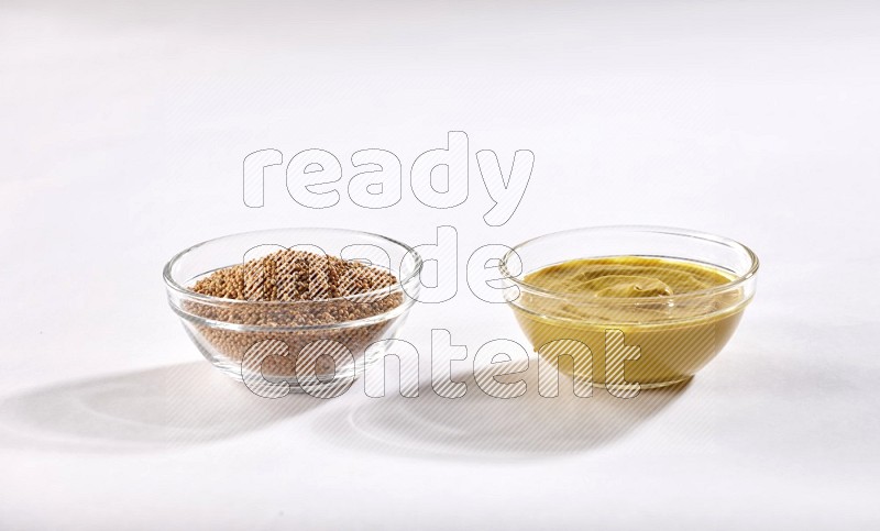 2 glass bowls, one full of mustard seeds and the other full of mustard paste on white flooring in different angles