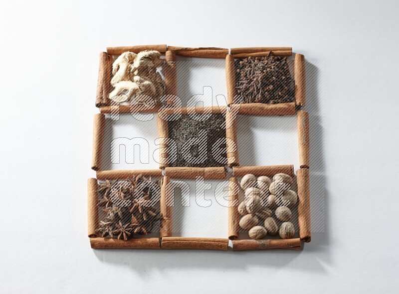 9 مربعات من أعواد القرفة ممتلئة بالشاي في المنتصف محاطة بجوزة الطيب والنعناع المجفف والقرنفل والريحان المجفف والزنجبيل المجفف والقرفة واليانسون والهيل على أرضية بيضاء