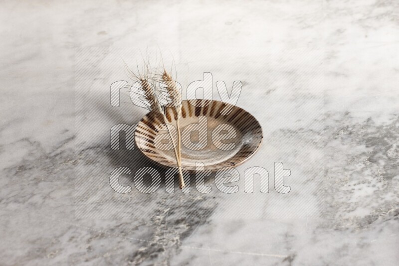 Wheat stalks on multicolored pottery plate on grey marble background