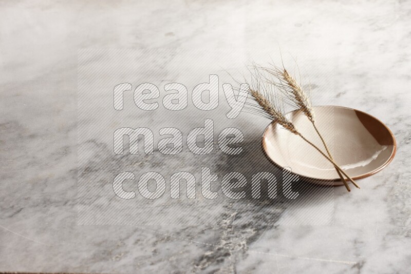 Wheat stalks on multicolored pottery plate on grey marble background