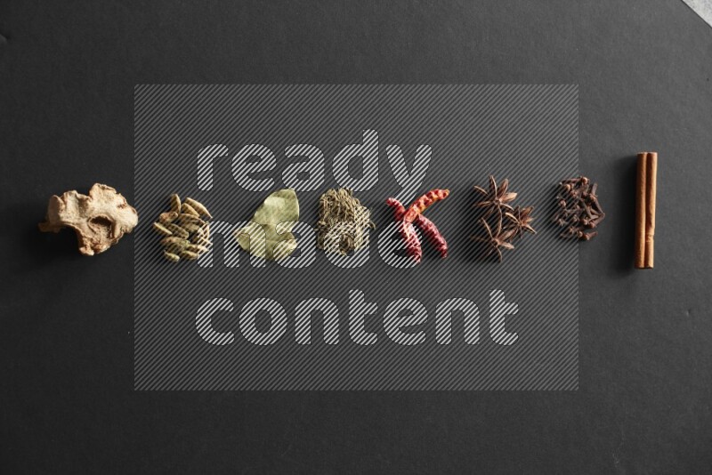 Cinnamon, cloves, star anise, chilis, cumin, laurel leaves bay, cardamom and ginger lined on a black background