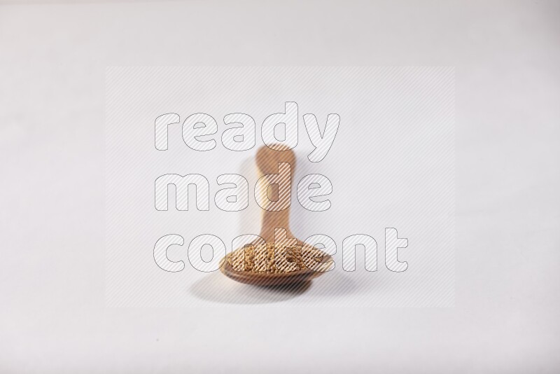 ملعقة خشبية كبيرة ممتلئة ببذور الخردل علي خلفية بيضاء