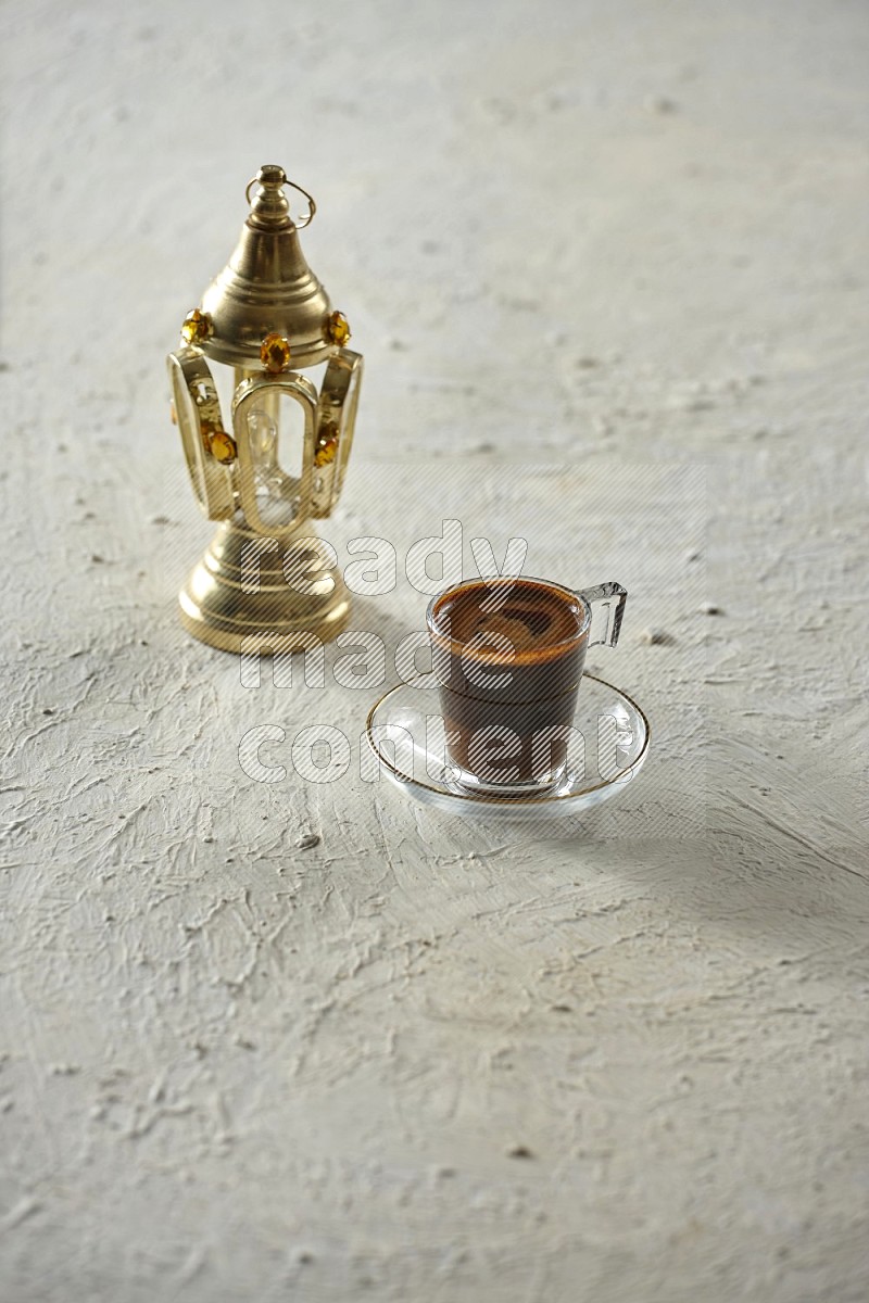 A golden lantern with different drinks, dates, nuts, prayer beads and quran on textured white background