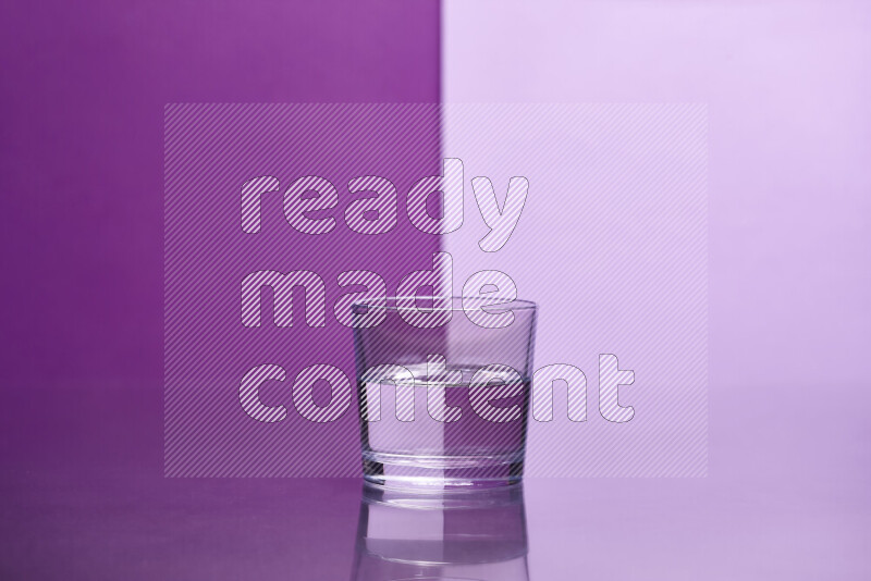 The image features a clear glassware filled with water, set against purple and light purple background