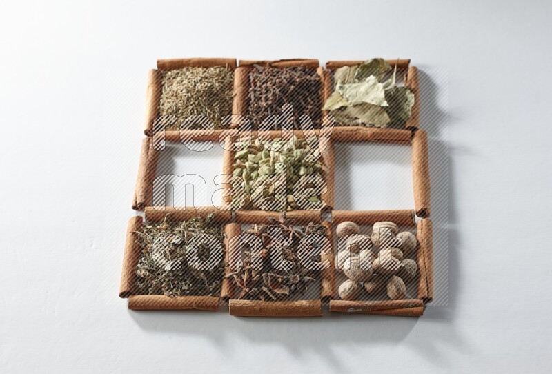 9 squares of cinnamon sticks full of cardamom in the middle surrounded by nutmeg, cinnamon, bay laurel leaves, cloves, cumin, dried ginger, dried basil and star anise on white flooring