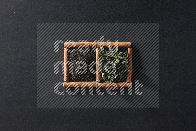 2 squares of cinnamon sticks full of tea and dried mint leaves on black flooring